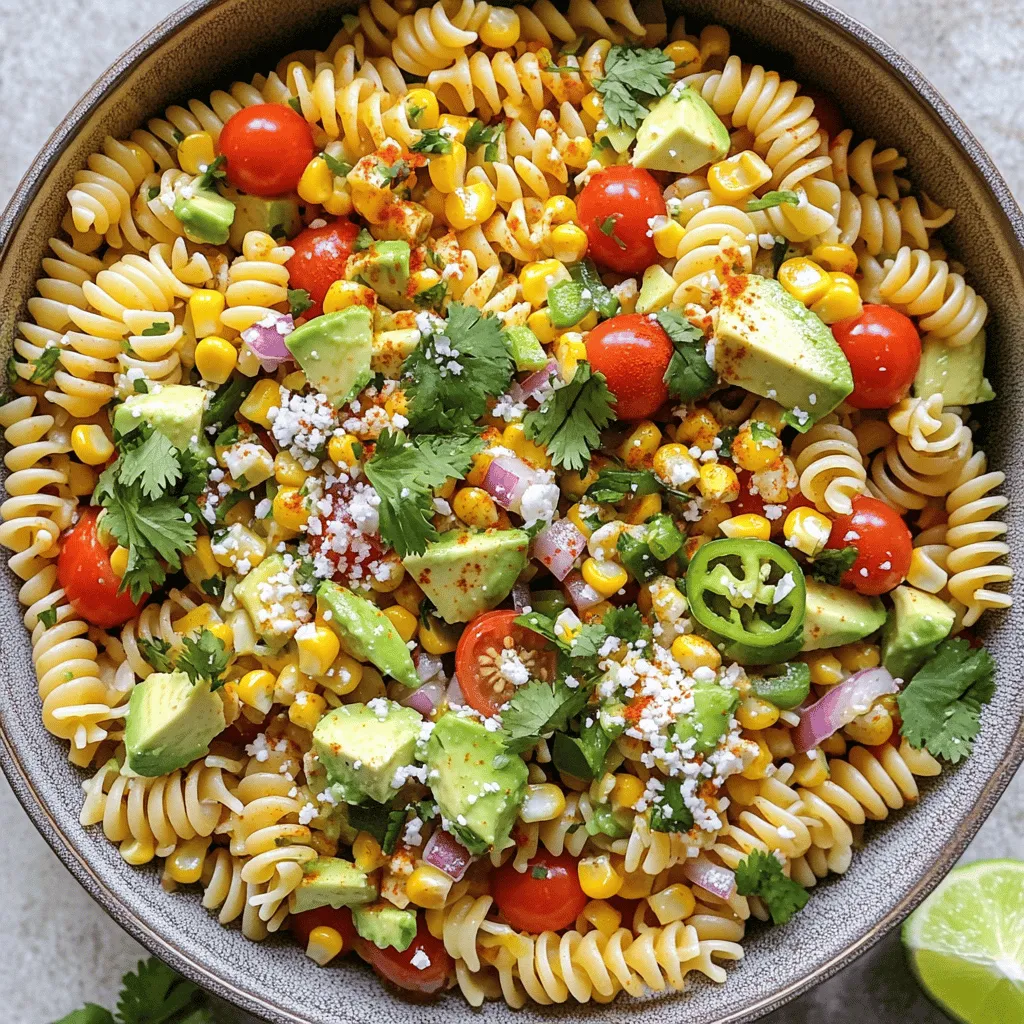 The Mexican street corn pasta salad recipe shines with its vibrant and fresh ingredients. Each component adds a burst of flavor and color.