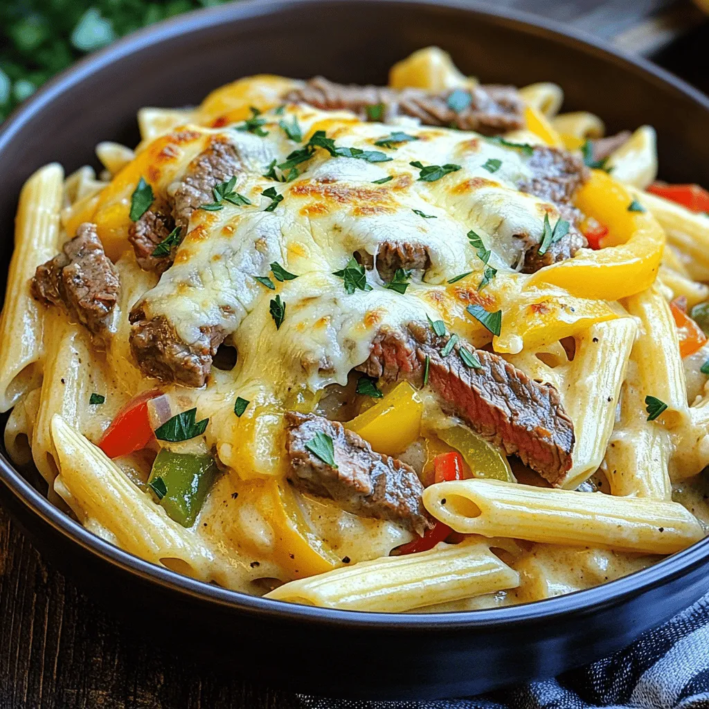 To make Philly cheesesteak pasta, you need simple yet flavorful ingredients. First, you need 8 oz. of penne pasta. This pasta holds the sauce well and adds a nice bite. For the protein, 1 lb. of ribeye steak, sliced thinly, gives you that classic cheesesteak flavor.