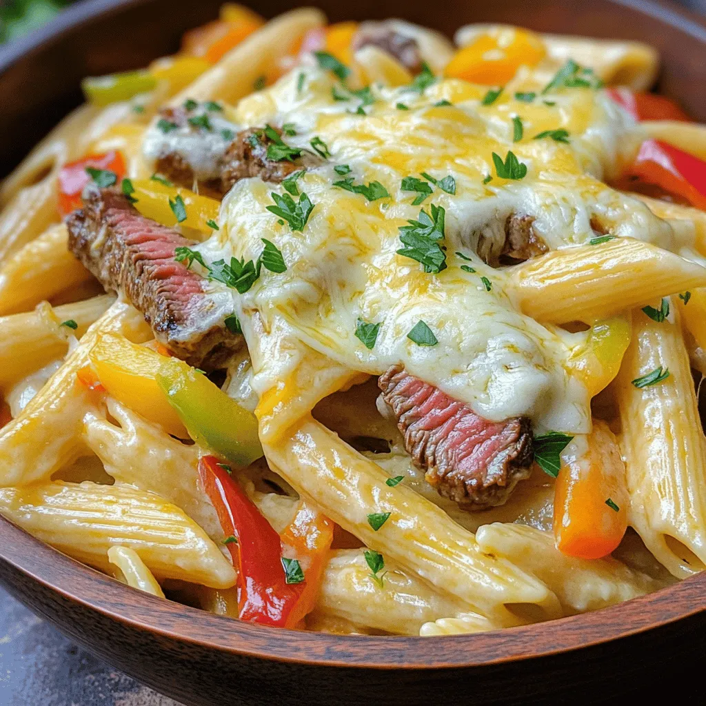 To make Philly cheesesteak pasta, you need simple yet flavorful ingredients. First, you need 8 oz. of penne pasta. This pasta holds the sauce well and adds a nice bite. For the protein, 1 lb. of ribeye steak, sliced thinly, gives you that classic cheesesteak flavor.