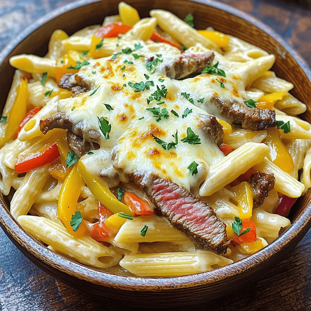 To make Philly cheesesteak pasta, you need simple yet flavorful ingredients. First, you need 8 oz. of penne pasta. This pasta holds the sauce well and adds a nice bite. For the protein, 1 lb. of ribeye steak, sliced thinly, gives you that classic cheesesteak flavor.