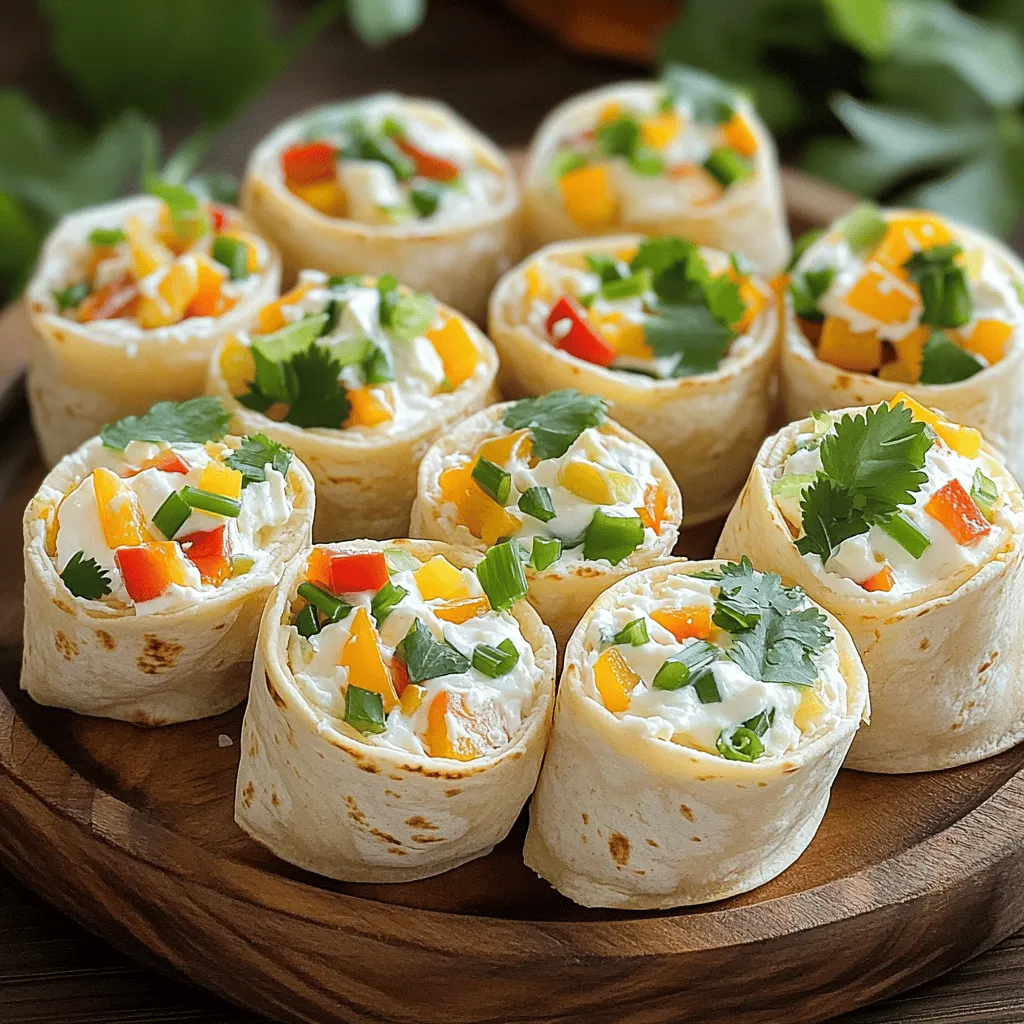 To make cream cheese tortilla bites, you need simple ingredients. You will need four large flour tortillas. Use eight ounces of softened cream cheese for that rich flavor. You should also have one cup of shredded cheddar cheese. Dice up a cup of colorful bell peppers—red, yellow, and green work best. Don't forget half a cup of finely chopped green onions. Add one teaspoon of garlic powder and one teaspoon of smoked paprika. Finally, season with salt and pepper to taste.