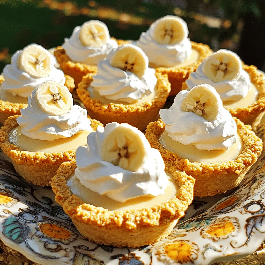 To make mini banana cream pies, you need simple ingredients. The key components include graham cracker crumbs, butter, sugar, and ripe bananas. You will also need heavy whipping cream, powdered sugar, vanilla extract, instant vanilla pudding mix, and milk. These ingredients create a rich and creamy filling that pairs perfectly with the crunchy crust.