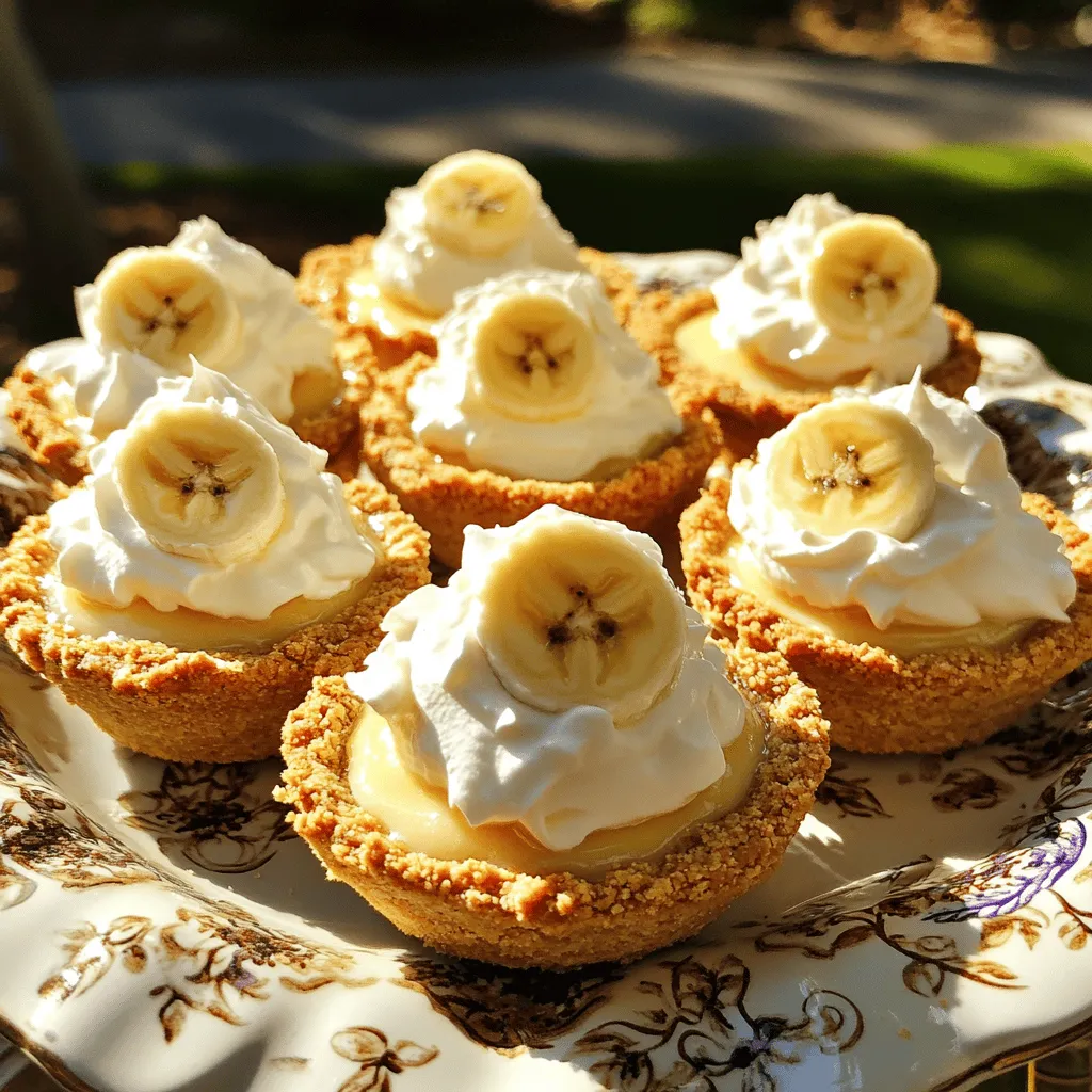 To make mini banana cream pies, you need simple ingredients. The key components include graham cracker crumbs, butter, sugar, and ripe bananas. You will also need heavy whipping cream, powdered sugar, vanilla extract, instant vanilla pudding mix, and milk. These ingredients create a rich and creamy filling that pairs perfectly with the crunchy crust.