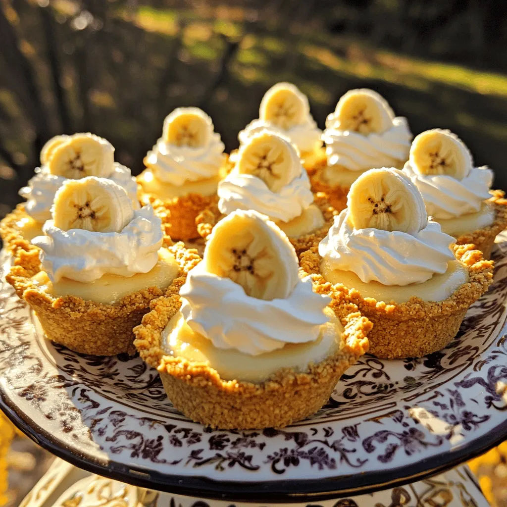 To make mini banana cream pies, you need simple ingredients. The key components include graham cracker crumbs, butter, sugar, and ripe bananas. You will also need heavy whipping cream, powdered sugar, vanilla extract, instant vanilla pudding mix, and milk. These ingredients create a rich and creamy filling that pairs perfectly with the crunchy crust.