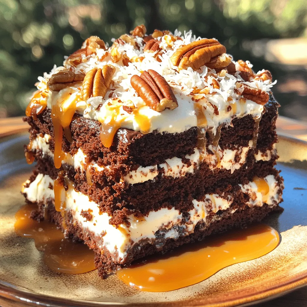 The main part of German chocolate poke cake is the cake mix. You start with a box of German chocolate cake mix. This mix gives the cake its rich chocolate flavor.