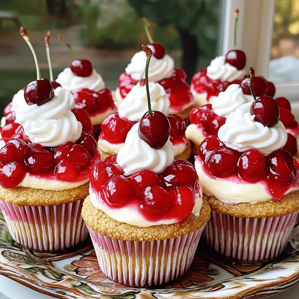 To make cherry cheesecake cupcakes, you need a few key ingredients. The crust needs graham cracker crumbs, sugar, and butter. For the filling, get cream cheese, powdered sugar, vanilla, and an egg. Cherry pie filling adds the perfect topping.