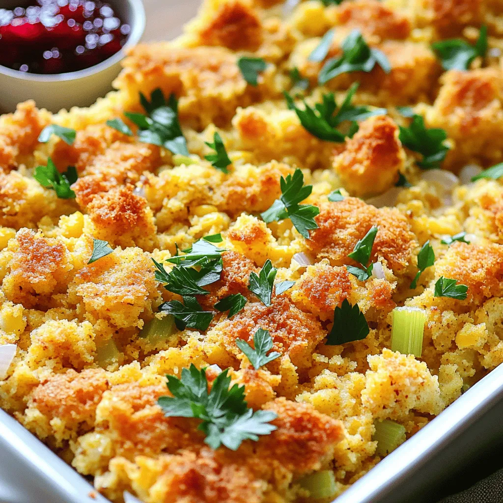 Cornbread dressing is a dish made from crumbled cornbread. It often has herbs, vegetables, and broth. People serve it during holidays like Thanksgiving.