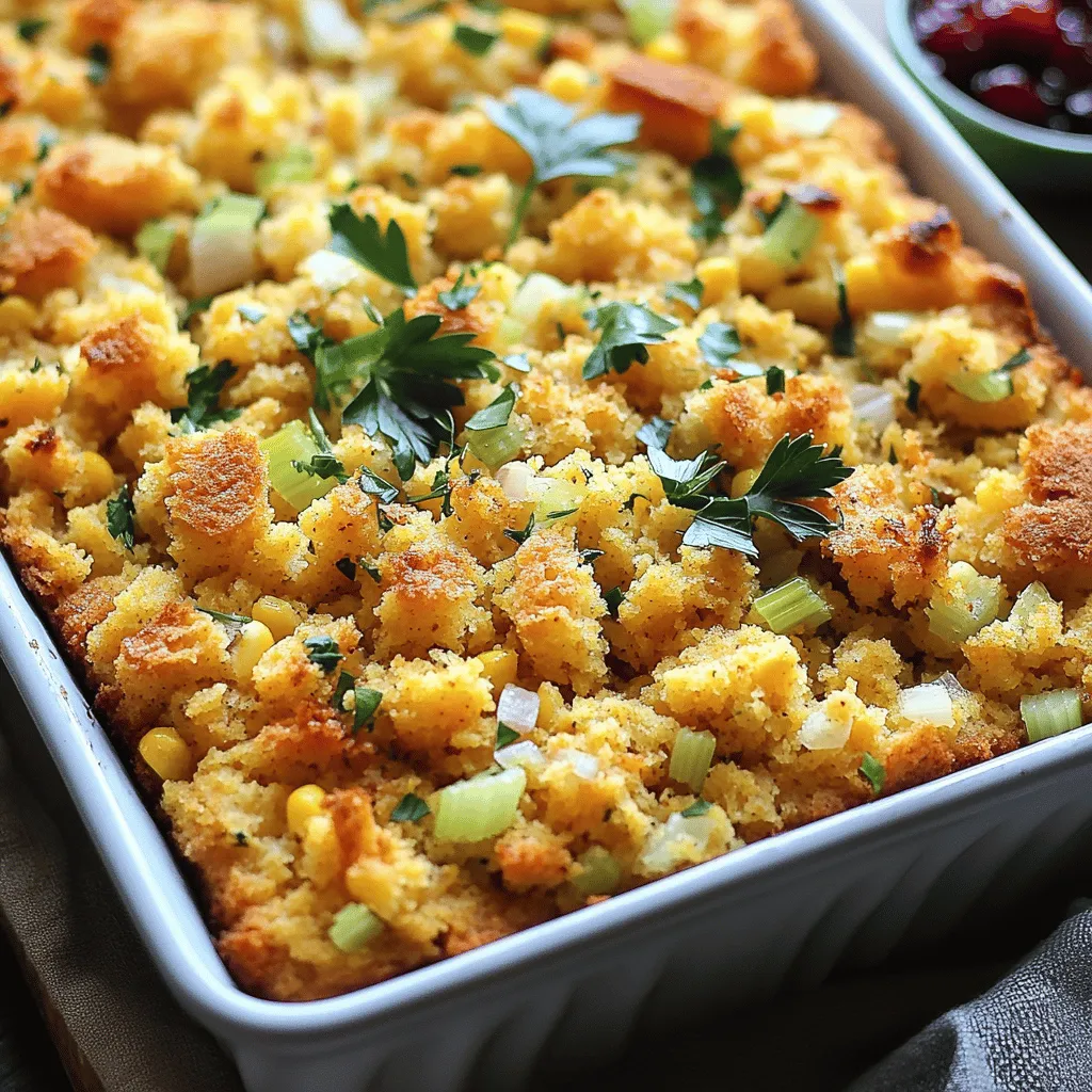 Cornbread dressing is a dish made from crumbled cornbread. It often has herbs, vegetables, and broth. People serve it during holidays like Thanksgiving.