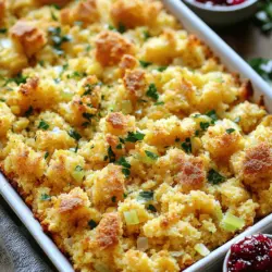 Cornbread dressing is a dish made from crumbled cornbread. It often has herbs, vegetables, and broth. People serve it during holidays like Thanksgiving.