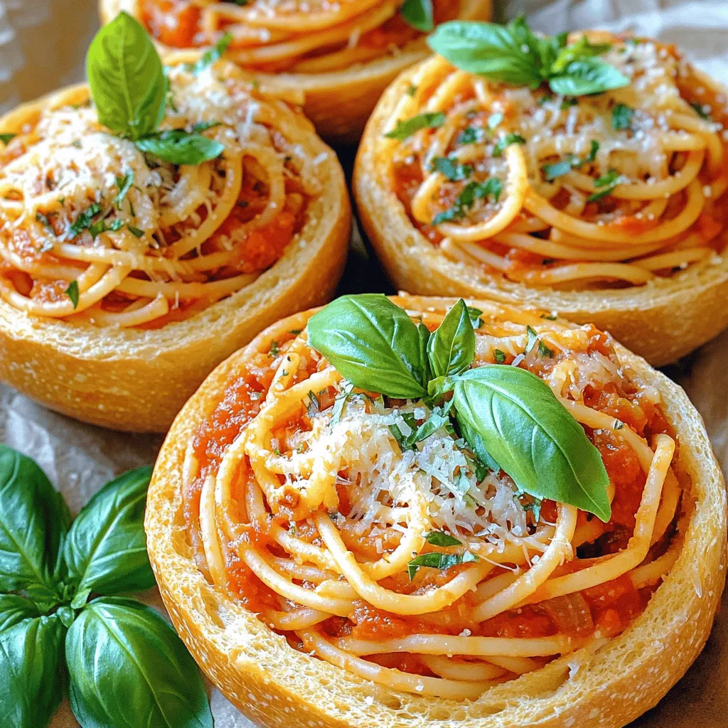 To make a great bread bowl spaghetti recipe, you need a few key items. First, choose <strong>sourdough bread bowls</strong>. Their crust is thick, which helps hold in the sauce and pasta. You want fresh bread to keep it tasty.” /></p>
</p>
<h2>What Are Some Creative Variations of Bread Bowl Spaghetti?</h2>
</p>
<p>Bread bowl spaghetti offers fun ways to enjoy pasta. You can mix flavors and shapes. Here are some creative variations to try.</p>
</p>
<h3>What are Some Popular Flavor Combinations?</h3>
</p>
<p>You can play with flavors in your bread bowl. Try a classic marinara sauce with fresh basil. For a twist, use Alfredo sauce and add spinach. You can also mix pesto with sun-dried tomatoes for a unique taste. Each combination brings something special to the table.</p>
</p>
<h3>How Can I Adjust the Recipe for Vegetarian Options?</h3>
</p>
<p>To make bread bowl spaghetti vegetarian, skip the meat. Use mushrooms or zucchini for texture. Replace the crushed tomatoes with a rich vegetable sauce. You can also add chickpeas for protein. These swaps keep the dish hearty and full of flavor.</p>
</p>
<h3>What Bread Bowl Variations Are Available Globally?</h3>
</p>
<p>Bread bowls exist in many cultures. In Poland, they use rye bread for a robust flavor. In Italy, they might serve spaghetti in a focaccia bowl. You can also find variations in countries like India with naan bowls. Each bread adds its own taste and charm to the dish.</p>
</p>
<p>This variety makes bread bowl spaghetti fun and exciting. You can enjoy it in many ways. For the full recipe, check out the details provided earlier.</p>
</p>
<h2>How Should I Serve Bread Bowl Spaghetti for Maximum Impact?</h2>
</p>
<p>To serve bread bowl spaghetti with flair, focus on presentation. Start with a clean plate. Place a bread bowl in the center, topped with a generous helping of spaghetti. Make it pop! Use fresh basil leaves to add color and aroma. A sprinkle of Parmesan cheese adds a nice touch, too.</p>
</p>
<h3>What Are the Best Pairing Tips for Drinks and Sides?</h3>
</p>
<p>For drinks, I recommend a light red wine like Pinot Noir. It complements the flavors well. If you prefer non-alcoholic options, try sparkling water with lemon. As for sides, a simple green salad works great. Toss mixed greens with olive oil and vinegar for a fresh taste. Garlic bread can also be a good choice. It pairs nicely and is easy to make.</p>
</p>
<h3>How Can I Present Bread Bowl Spaghetti Elegantly?</h3>
</p>
<p>To elevate your dish, use a wooden or slate board. This adds a rustic feel. Surround the bread bowls with small bowls of extra toppings. Think crushed red pepper, more cheese, or fresh herbs. This invites guests to customize their meal. A colorful tablecloth can also set the mood and make the dish stand out.</p>
</p>
<h3>What Are Family-Friendly Serving Ideas?</h3>
</p>
<p>For family-friendly service, let everyone build their own. Set up a pasta bar with bread bowls, sauce, and toppings. Kids love to get involved. You can also use smaller bread bowls for kids. This makes it fun and easy for them to eat. Don’t forget some napkins—they’ll need them!</p>
</p>
<p><img decoding=