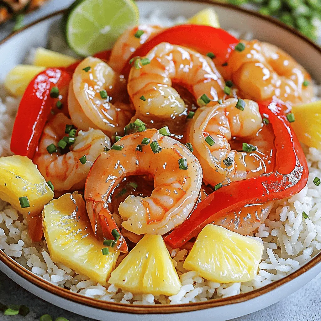 What are the key ingredients in this recipe? The garlic shrimp recipe needs fresh and bright flavors. You will want large shrimp, butter, and garlic. Fresh ginger adds warmth, and red bell pepper adds color. Pineapple chunks bring a sweet touch. Soy sauce adds depth, while honey gives a hint of sweetness. Lime juice adds zing, and red pepper flakes can add heat. Finally, you need salt, pepper, and green onions for garnish.