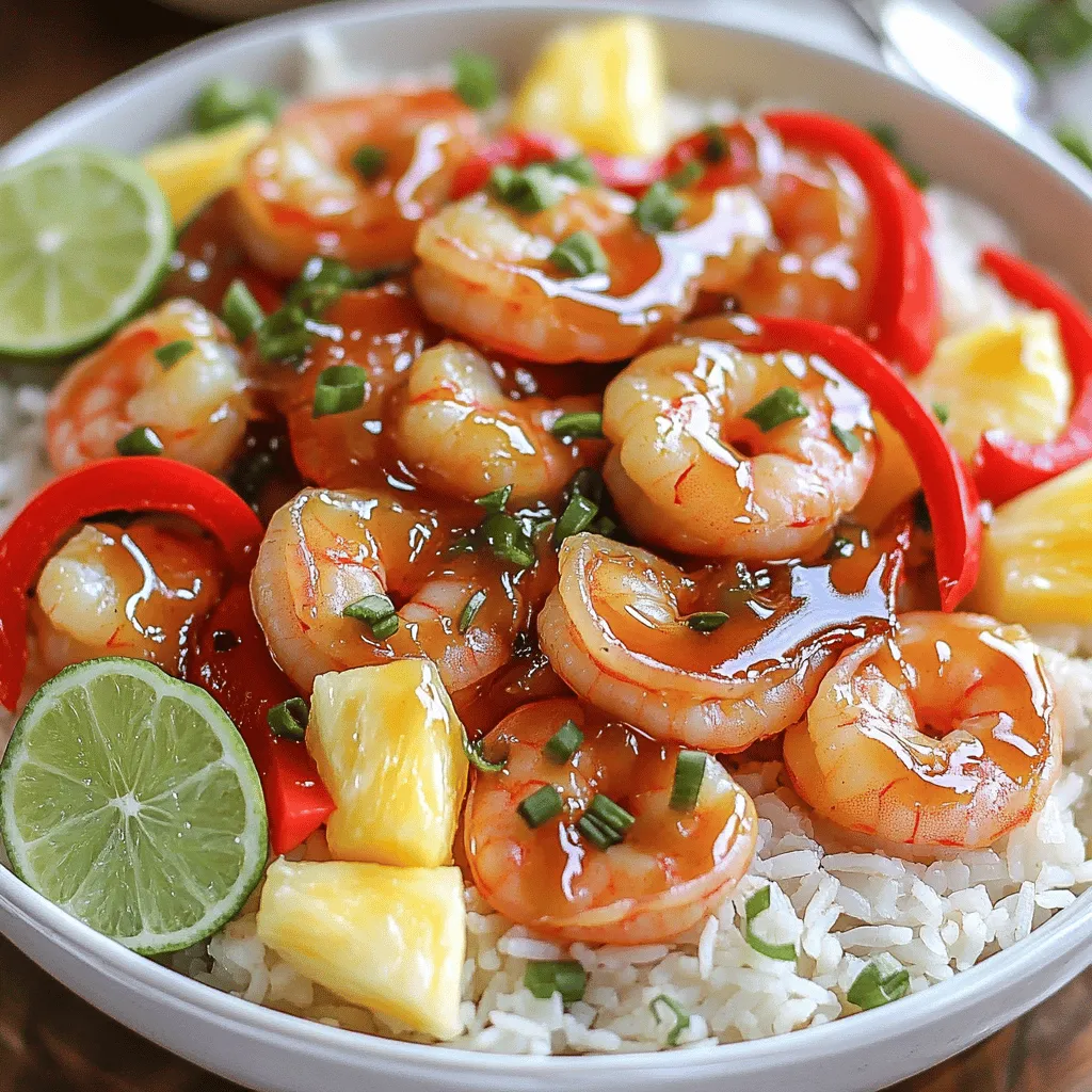 What are the key ingredients in this recipe? The garlic shrimp recipe needs fresh and bright flavors. You will want large shrimp, butter, and garlic. Fresh ginger adds warmth, and red bell pepper adds color. Pineapple chunks bring a sweet touch. Soy sauce adds depth, while honey gives a hint of sweetness. Lime juice adds zing, and red pepper flakes can add heat. Finally, you need salt, pepper, and green onions for garnish.