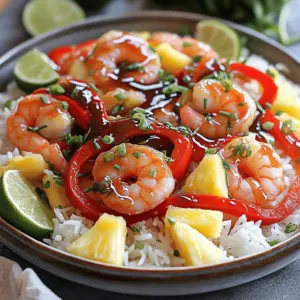 What are the key ingredients in this recipe? The garlic shrimp recipe needs fresh and bright flavors. You will want large shrimp, butter, and garlic. Fresh ginger adds warmth, and red bell pepper adds color. Pineapple chunks bring a sweet touch. Soy sauce adds depth, while honey gives a hint of sweetness. Lime juice adds zing, and red pepper flakes can add heat. Finally, you need salt, pepper, and green onions for garnish.