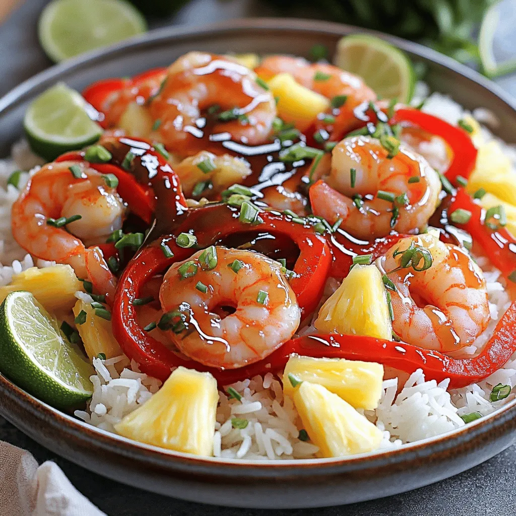 What are the key ingredients in this recipe? The garlic shrimp recipe needs fresh and bright flavors. You will want large shrimp, butter, and garlic. Fresh ginger adds warmth, and red bell pepper adds color. Pineapple chunks bring a sweet touch. Soy sauce adds depth, while honey gives a hint of sweetness. Lime juice adds zing, and red pepper flakes can add heat. Finally, you need salt, pepper, and green onions for garnish.