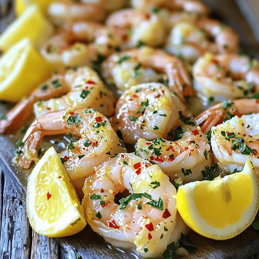 What are the main ingredients in the Lemon Garlic Shrimp recipe? The main ingredients for this lemon garlic shrimp recipe are simple yet powerful. You need one pound of large shrimp, peeled and deveined. Four cloves of minced garlic add great flavor. Fresh lemon juice from two lemons gives a bright taste. Zest from one lemon enhances this flavor. You will also need three tablespoons of olive oil, one teaspoon of red pepper flakes, and salt and pepper to taste. Finally, chop a quarter cup of fresh parsley for garnish. Lemon wedges will add extra zest when serving.