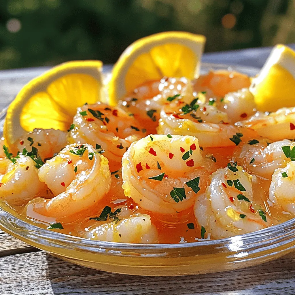 What are the main ingredients in the Lemon Garlic Shrimp recipe? The main ingredients for this lemon garlic shrimp recipe are simple yet powerful. You need one pound of large shrimp, peeled and deveined. Four cloves of minced garlic add great flavor. Fresh lemon juice from two lemons gives a bright taste. Zest from one lemon enhances this flavor. You will also need three tablespoons of olive oil, one teaspoon of red pepper flakes, and salt and pepper to taste. Finally, chop a quarter cup of fresh parsley for garnish. Lemon wedges will add extra zest when serving.