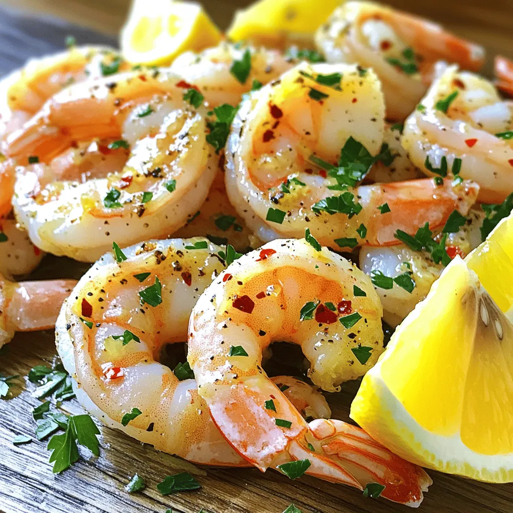 What are the main ingredients in the Lemon Garlic Shrimp recipe? The main ingredients for this lemon garlic shrimp recipe are simple yet powerful. You need one pound of large shrimp, peeled and deveined. Four cloves of minced garlic add great flavor. Fresh lemon juice from two lemons gives a bright taste. Zest from one lemon enhances this flavor. You will also need three tablespoons of olive oil, one teaspoon of red pepper flakes, and salt and pepper to taste. Finally, chop a quarter cup of fresh parsley for garnish. Lemon wedges will add extra zest when serving.