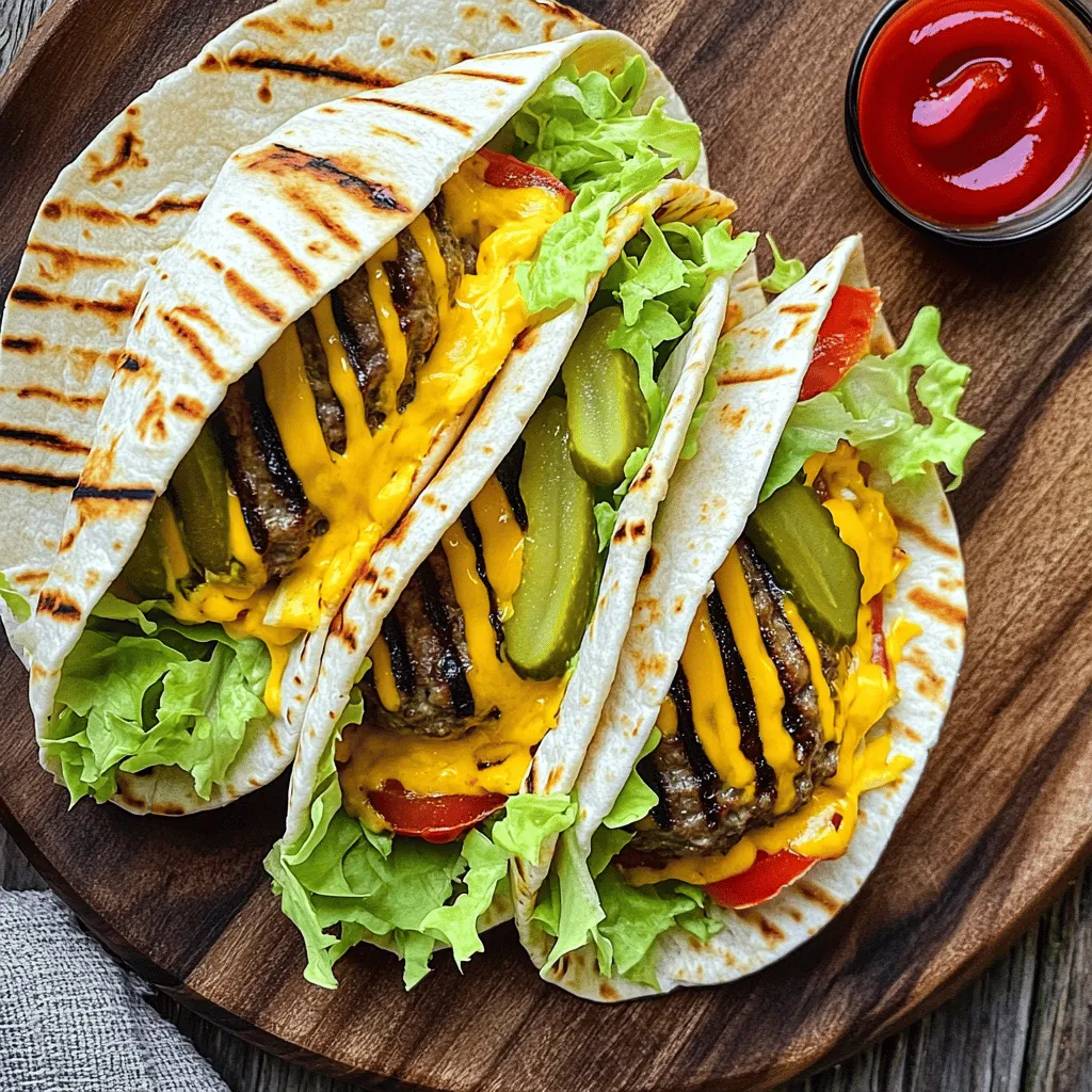 To make grilled cheeseburger wraps, gather a few key ingredients. You need 1 pound of ground beef, preferably an 80/20 blend. This mix gives you a juicy patty. Add garlic powder, onion powder, and smoked paprika for flavor. Use salt and pepper to taste.