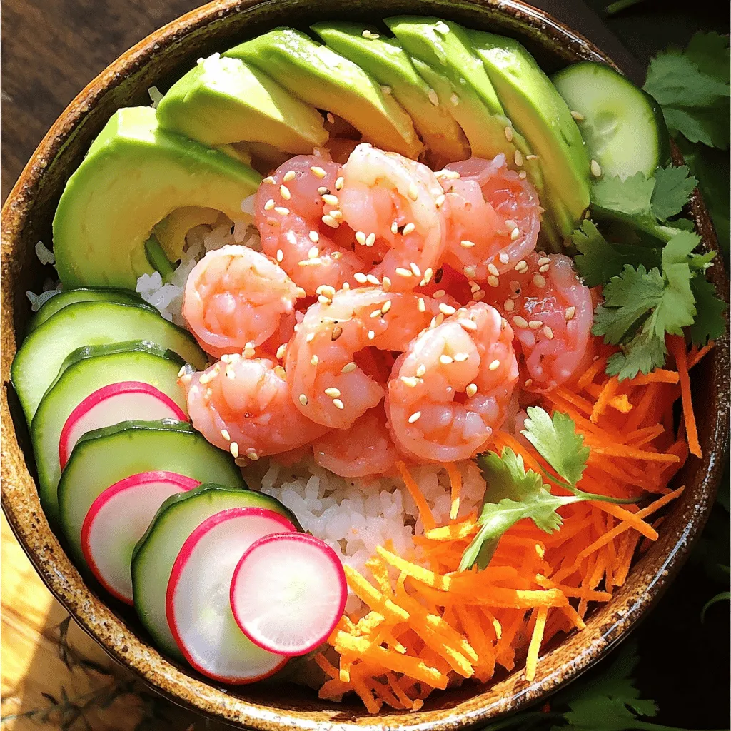 A shrimp poke bowl is a colorful dish filled with fresh flavors. You start with sushi rice as the base. Then, you add marinated shrimp on top. Fresh veggies like avocado and cucumber bring crunch and color. This dish is healthy and fun to eat.