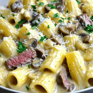 To create a delicious steak rigatoni, you need a few key ingredients. The main star is 12 ounces of rigatoni pasta. This pasta shape holds the creamy mushroom sauce well. You will also need 1 pound of flank steak, sliced into thin strips. The steak adds rich flavor and protein to the dish.