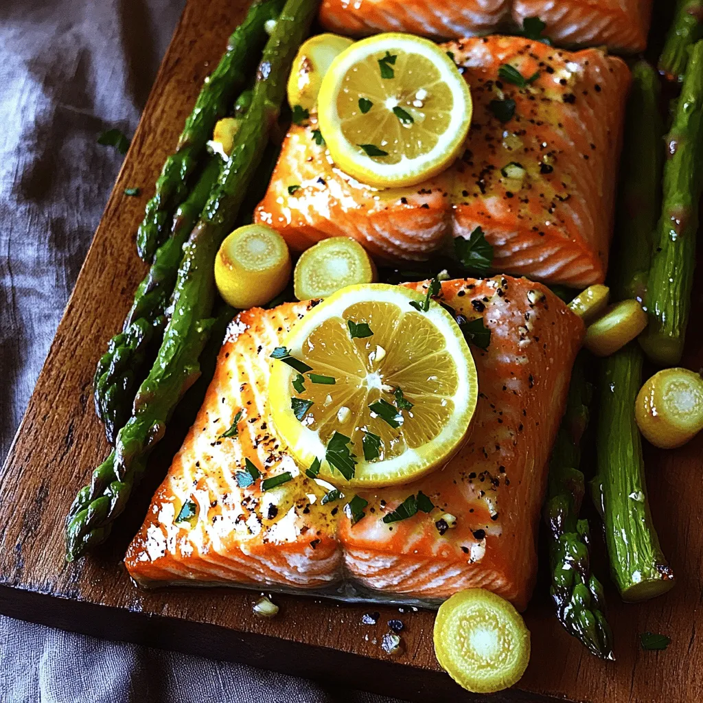 For a great baked salmon recipe, you need just a few simple items. You will need <strong>two salmon fillets</strong> and <strong>one bunch of asparagus</strong>. The <strong>olive oil</strong> adds flavor and moisture. <strong>Garlic</strong> gives a nice kick, while <strong>lemon zest</strong> and <strong>fresh lemon juice</strong> add brightness. Use <strong>dried dill</strong> for a hint of herby taste. Lastly, <strong>salt</strong> and <strong>black pepper</strong> enhance all the flavors.” /></p>
</p>
<h2>What Tips Can Enhance Your Baked Salmon Recipe?</h2>
</p>
<p>To make your baked salmon shine, try these simple seasoning ideas. Salt and pepper are must-haves, but you can do more. A sprinkle of dill adds a bright touch. Other great options include paprika, garlic powder, or even a hint of cayenne for heat.</p>
</p>
<h3>What seasoning options work well with salmon?</h3>
</p>
<p>Salmon pairs well with many herbs and spices. I love using lemon zest and juice for a fresh taste. Combine this with minced garlic for a classic flavor. You can also try rosemary or thyme for a different twist. Each adds a unique layer to your dish.</p>
</p>
<h3>How to incorporate flavors like lemon and garlic?</h3>
</p>
<p>To use lemon and garlic, mix them into oil before drizzling. This helps spread their flavor evenly. For my baked salmon, I use two cloves of garlic and the zest of one lemon. These bright flavors balance the rich fish. You can squeeze lemon juice over the salmon right before serving, too.</p>
</p>
<h3>What are creative flavor variations to try?</h3>
</p>
<p>Get creative with your salmon! Try a maple-mustard glaze for a sweet touch. You could also use soy sauce and ginger for an Asian twist. If you love spice, add sriracha or chili flakes. These variations make your salmon dish feel new each time.</p>
</p>
<p>For the complete experience, check the Full Recipe. With these tips, your baked salmon will be tasty and satisfying.</p>
</p>
<h2>What Are the Benefits of Cooking Salmon in Foil?</h2>
</p>
<p>Cooking salmon in foil offers many benefits. First, foil wrapped salmon locks in flavor. It traps steam, keeping the fish moist. This method helps the salmon absorb the flavors of herbs and garlic easily. You get a delicious meal with every bite.</p>
</p>
<p>Salmon is packed with nutrients. It has high protein and omega-3 fatty acids. These healthy fats help your heart and brain. They also reduce inflammation. Salmon is a great choice for a healthy diet. With salmon, you get taste and health benefits in one dish.</p>
</p>
<p>Foil cooking makes meal prep easier. You can prepare your salmon and asparagus in just minutes. The cleanup is simple too. You just throw away the foil after cooking. This saves you time and effort in the kitchen. Plus, it keeps your baking sheet clean.</p>
</p>
<p>For a quick and tasty meal, try the Full Recipe for baked salmon in foil with asparagus. You will love how easy it is to make!</p>
</p>
<p><img decoding=