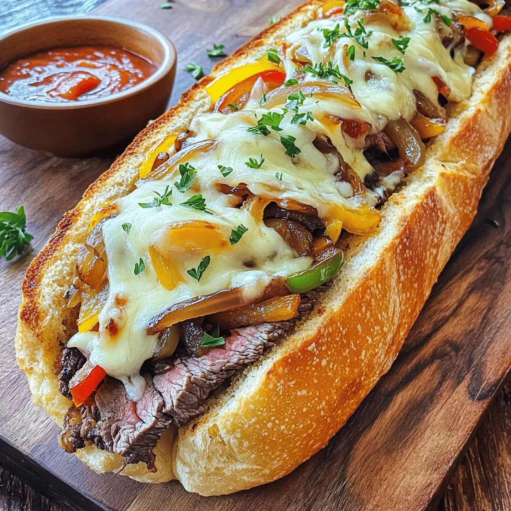 For a great Philly cheesesteak cheesy bread, you need key ingredients. First, get a large French bread loaf. This will be the base for your dish. Next, use one pound of ribeye steak, sliced thin. The ribeye gives great flavor and tenderness.