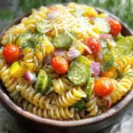 - 8 ounces rotini or fusilli pasta - 1 cup dill pickles, diced - 1/2 cup red onion, finely chopped - 1/2 cup green bell pepper, diced - 1 cup cherry tomatoes, halved - 1/2 cup shredded cheddar cheese - 1/2 cup mayonnaise - 1 tablespoon dill pickle juice - 1 tablespoon Dijon mustard - 1 teaspoon garlic powder - Salt and pepper to taste - Fresh dill, for garnish When making Dill Pickle Pasta Salad, the ingredients matter. I love using rotini or fusilli pasta. These shapes hold the dressing well. You need dill pickles for that tangy crunch. The red onion and green bell pepper add great colors and flavors. Cherry tomatoes bring a fresh sweetness. Shredded cheddar cheese makes it creamy and rich. For the dressing, use mayonnaise as a base. The dill pickle juice adds zest and helps balance flavors. Dijon mustard brings a bit of heat. Garlic powder enhances the taste. Finally, season with salt and pepper to your liking. You can garnish with fresh dill for a nice touch. - Calories and macros: This salad is about 250-300 calories per serving. It has carbs from pasta, protein from cheese, and fats from mayo. - Dietary considerations: This dish is vegetarian but not gluten-free. You can use gluten-free pasta if needed. - Alternatives for pasta types: You can swap rotini or fusilli for penne or bowtie pasta. - Low-fat alternatives for dressing: Use Greek yogurt instead of mayonnaise for a lighter option. Start by bringing a large pot of salted water to a boil. The salt adds flavor to the pasta. Once the water is boiling, add 8 ounces of rotini or fusilli pasta. Cook the pasta until it is al dente, which means it should be firm to the bite but not hard. This usually takes about 8 to 10 minutes. Drain the pasta and rinse it under cold water. This stops the cooking process and cools it down quickly. While the pasta cooks, chop your vegetables. You will need 1 cup of diced dill pickles, 1/2 cup of finely chopped red onion, 1/2 cup of diced green bell pepper, and 1 cup of halved cherry tomatoes. Use a sharp knife for clean cuts and safe handling. Fresh ingredients taste better than jarred ones. Fresh veggies stay crisp and add great color to your dish. In a small bowl, mix your dressing. Combine 1/2 cup of mayonnaise, 1 tablespoon of dill pickle juice, 1 tablespoon of Dijon mustard, and 1 teaspoon of garlic powder. Stir until the mixture is smooth. Taste it to see if you want to add more salt or pepper. If you like a tangy flavor, add a bit more pickle juice. In a large mixing bowl, add the cooled pasta, diced dill pickles, chopped onion, diced bell pepper, halved cherry tomatoes, and 1/2 cup of shredded cheddar cheese. This gives the salad a creamy and cheesy texture. Pour the dressing over this mixture. Toss gently to combine everything well. Make sure all ingredients are evenly coated in the dressing. Cover the bowl with plastic wrap and place it in the fridge. Chilling the salad for at least 30 minutes allows the flavors to meld together. This step is key to a tasty pasta salad. When ready to serve, give it a good stir. Garnish with fresh dill for a pop of color and flavor. Enjoy it chilled or at room temperature! For the full recipe, refer to the earlier section. To adjust flavors to your taste, start with the dressing. You can add more dill pickle juice for a stronger tang. If you like it creamier, try more mayonnaise. Taste as you go, and make changes based on what you enjoy. Common mistakes often happen during mixing. Avoid over-mixing, as this can break down the pasta and veggies. Keep the salad light and fresh. Also, be careful with salt. Dill pickles are salty, so add salt gradually. This pasta salad shines as a side dish. It pairs well with grilled chicken or barbecue ribs. You can also serve it next to burgers for a summer picnic. For presentation, use a clear bowl to show off the colorful ingredients. A sprinkle of fresh dill on top adds a nice touch. You can also serve it on a bed of lettuce for a pretty plate. To boost flavor, consider adding herbs. Fresh dill or parsley can brighten the dish. You can also try spices like smoked paprika or crushed red pepper for heat. For more complexity, think about mixing in proteins. Cooked chicken, tuna, or beans add heartiness. You can even toss in some corn or olives for a fun twist. These small changes make the dish unique and tasty. To see the full recipe, check [Full Recipe]. {{image_2}} When you make dill pickle pasta salad, the fun doesn't stop at the basic recipe. You can easily mix it up with different twists. Here are some ideas to make your dish stand out. Adding protein can make this salad more filling. You can use: - Grilled chicken - Canned tuna - Black beans For a vegan version, swap mayo for a plant-based option. You can use vegan mayo or a mix of avocado and lemon juice. This will keep your salad creamy while making it plant-based. Changing the dressing can give your salad a new taste. Try using: - A yogurt-based dressing for a lighter feel - A tangy vinaigrette for a zesty kick Seasonal vegetables can also change the flavor. You might add fresh corn in summer or roasted butternut squash in fall. These ingredients can make your salad more vibrant. Take your salad on a world tour! For a Mediterranean taste, add: - Crumbled feta cheese - Sliced olives If you want a Mexican flair, mix in: - Black beans - Sweet corn These twists will create unique flavors and delight your taste buds. Enjoy experimenting with your own variations! For the full recipe, check the [Full Recipe]. To keep your Dill Pickle Pasta Salad fresh, store it in an airtight container. This helps keep moisture in and air out. You can place it in the fridge right after serving. For long-term storage, you can freeze it. However, freezing may change the texture of the pasta. You can serve the pasta salad straight from the fridge. If it feels too cold, let it sit for a few minutes. This allows flavors to shine. You can also add a splash of pickle juice to liven it up. Avoid heating it in the microwave, as this can make the pasta mushy. Your Dill Pickle Pasta Salad can last up to five days in the fridge. Check for signs of spoilage before eating. If you notice an off smell, discoloration, or a slimy texture, it’s best to throw it away. Always trust your senses when it comes to food safety. For the full recipe, refer to the [Full Recipe]. You can swap mayonnaise for Greek yogurt. This makes the dish lighter and tangy. You can also use sour cream for a rich taste. Another option is to blend silken tofu with herbs for creaminess. Each choice adds a unique twist. Yes, feel free to use sweet or spicy pickles. Sweet pickles add a hint of sugar that balances the tang. Spicy pickles bring a kick of heat to the dish. Experiment with your favorites to find the right balance for your taste. Dill Pickle Pasta Salad pairs well with grilled chicken or burgers. It also complements barbecue dishes, offering a cool contrast. For a lighter meal, serve it with a fresh green salad or vegetable skewers. These options enhance the flavors and add variety. Yes! You can make Dill Pickle Pasta Salad a day in advance. This allows the flavors to meld nicely. Just store it in the fridge, and it will taste even better. Aim to serve it within three days for the best flavor and freshness. For the full recipe, check out the details above. This blog post covered how to make a tasty Dill Pickle Pasta Salad. You learned about the ingredients, cooking steps, and expert tips to enhance flavor. I shared easy ways to customize the recipe to your taste. Final thoughts: this dish is great for gatherings or as a quick meal. Enjoy making it your own!