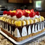 To make a No-Bake Banana Split Cake, gather these key items: - 1 ½ cups of graham cracker crumbs - ½ cup unsalted butter, melted - 1 cup powdered sugar - 8 oz cream cheese, softened - 1 cup whipped cream (store-bought or homemade) - 2 ripe bananas, sliced - 1 cup fresh strawberries, hulled and sliced - 1 can (20 oz) crushed pineapple, drained - ½ cup chopped walnuts (optional) - Chocolate syrup for drizzling - Maraschino cherries for topping You will need some simple tools for this recipe. Grab a mixing bowl for each step. Use a spatula to mix and spread the ingredients. A 9x13 inch pan works best for setting the cake. Choosing quality ingredients makes a big difference. Use ripe bananas for the best flavor and texture. Fresh strawberries add sweetness and a nice crunch. Drain the crushed pineapple well. This helps keep the cake from becoming soggy. If you have allergies or dietary needs, you can make swaps. For a gluten-free option, use gluten-free graham crackers. You can also substitute the cream cheese with a dairy-free option if needed. Enjoy making this cake that fits your needs! To make the crust, you need graham cracker crumbs and melted butter. Start by mixing 1 ½ cups of graham cracker crumbs with ½ cup of melted butter in a bowl. Stir until the crumbs look like wet sand. This step is key for a strong base. Next, press the mixture firmly into the bottom of a 9x13 inch pan. Make sure it is even. A good crust holds the cake together, so take your time here. Now, you will create the cream layer. In a clean bowl, beat 8 oz of softened cream cheese with 1 cup of powdered sugar. Mix until it is smooth and creamy. This step is crucial for flavor. Gently fold in 1 cup of whipped cream. Be careful not to deflate it. Once it is mixed well, spread this cream layer evenly over the crust. This will add richness and help balance the sweetness. It’s time for the fruit! Start by placing sliced bananas on top of the cream layer. Use 2 ripe bananas for this. Then, add a layer of crushed pineapple, but first, drain it well. You don’t want extra juice ruining your cake. After the pineapple, arrange 1 cup of sliced strawberries on top. This colorful layer makes the cake look great and adds fresh flavor. Each fruit layer adds texture and taste, so enjoy this step! For the full recipe, check the complete instructions in the recipe section. Chilling the cake is key. It helps the flavors blend well. I recommend chilling for at least four hours, but overnight is best. This allows the layers to set nicely. When it's time to serve, use a sharp knife to cut the cake. Clean the knife between cuts for neat slices. You can make this cake even better with fun toppings. Consider adding chopped nuts for crunch. You might also try fresh blueberries or raspberries for a twist. For extra sweetness, drizzle caramel sauce or peanut butter sauce on top. These small changes can elevate the taste. If your cake is too watery, check the pineapple. Make sure it’s well-drained before using. For a dry cake, you might need more whipped cream in the cream layer. This adds moisture and creaminess. Aim for a smooth, thick texture in your cream layer for the best results. {{image_2}} You can make this no-bake banana split cake fit different diets. For a vegan option, swap the cream cheese for a dairy-free version. Use coconut whipped cream instead of the regular whipped cream. For a low-sugar cake, try sugar-free pudding or sweeteners like stevia. You can also play with flavors! Use a chocolate crust instead of the regular graham cracker crust. You can mix in other fruits, like blueberries or raspberries, for a twist. Make your cake stand out for special occasions! For Halloween, add orange and black sprinkles. For Christmas, use red and green fruits like pomegranate seeds and kiwi. Think about seasonal fruits, too. In spring, you can add fresh peaches or cherries. In fall, consider using spiced apples or pears to change the taste. It’s fun to match the cake to the season! Presentation adds charm to your gatherings. Use a large platter to show off the layers. Add whipped cream in a piping bag for a fancy touch. You can also sprinkle nuts or chocolate chips on top for texture. Pair this cake with ice-cold milk or coffee for a delightful treat. It also goes well with a scoop of vanilla ice cream on the side. You can find even more ideas in the Full Recipe. To keep your No-Bake Banana Split Cake fresh, wrap it well. Use plastic wrap or aluminum foil. This will help prevent it from drying out. Store the cake in the fridge for up to four days. If you want it to last longer, consider freezing it. To freeze the cake, follow these steps. First, make sure the cake is fully chilled. Once chilled, wrap it tightly in plastic wrap. Then, place it in a freezer-safe container. You can freeze it for up to three months. When you're ready to serve, take it out and let it thaw in the fridge overnight. This way, it will be nice and ready to enjoy! No-Bake Banana Split Cake stays fresh in the fridge for about 3 to 4 days. After that, the fruits may start to get mushy. To keep it fresh, make sure to store it in an airtight container. This helps to prevent the cream layer from absorbing moisture and losing its texture. Yes, you can make this cake a day before you plan to serve it. Chilling it overnight allows the flavors to blend well. It also helps the cake set properly, making it easier to slice. Just cover it tightly with plastic wrap to keep it fresh. You can get creative with the fruits! Try using blueberries, raspberries, or even peaches. If you want a tropical twist, mangoes work well too. Just make sure to slice them thinly and drain any excess juice. This ensures your cake stays firm and delicious. Absolutely! While graham cracker crust is classic, you can try different options. Use Oreo cookies for a chocolatey flavor or almond flour for a gluten-free option. Another great choice is a cookie crust made from vanilla wafers. Each crust brings a unique taste to your cake! The No-Bake Banana Split Cake is fun and easy to make. We covered key ingredients, step-by-step instructions, and smart tips to help you succeed. Remember to choose ripe fruit and chill the cake well. Feel free to try different fruits and crusts for your own twist. With these ideas, you can make a yummy dessert that everyone will love. Enjoy creating and sharing this treat!
