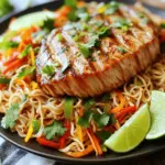 - 2 tuna steaks (about 6 oz each) - 2 tablespoons Thai chili paste (like sambal oelek) - 1 tablespoon soy sauce - 1 tablespoon lime juice - 1 tablespoon honey - 200g rice noodles - 1 bell pepper, thinly sliced - 1 carrot, julienned - 3 green onions, chopped - 1 tablespoon sesame oil - 1 tablespoon peanut butter - Fresh cilantro and lime wedges for garnish - Salt and pepper to taste Gathering the right ingredients is key to a great dish. For this Thai Chili Tuna Steaks with Spicy Noodles, you will need fresh tuna steaks. Each steak should weigh about 6 ounces. The Thai chili paste adds heat, so choose your favorite brand, like sambal oelek. Next, you will need soy sauce, lime juice, and honey. These ingredients create a tasty marinade. Rice noodles are the star of the dish, so make sure you have 200 grams ready. You can add a bell pepper, a carrot, and three green onions for extra flavor and crunch. Sesame oil will help sauté your veggies. Peanut butter adds creaminess to the noodles. Don’t forget fresh cilantro and lime wedges for garnish. Finally, keep salt and pepper on hand to season your dish. With all these ingredients, you are set to create a delicious meal. For the full recipe, check out the details provided earlier. - In a bowl, mix together the Thai chili paste, soy sauce, lime juice, and honey. - Place the tuna steaks in a shallow dish. Pour the marinade over them, making sure they are fully coated. - Let them rest for at least 15 minutes. This adds great flavor. - Boil water in a pot. Add the rice noodles and cook them as the package says. - Once they are soft, drain them and set aside. - Heat sesame oil in a large skillet over medium heat. - Add the sliced bell pepper and julienned carrot. Sauté for about 3-4 minutes until they are tender. - Add the cooked noodles to the skillet. - Stir in peanut butter and chopped green onions. - Toss everything together until mixed well. Season with salt and pepper to taste. - Heat a separate pan or grill over medium-high heat. - Sear the marinated tuna steaks for 2-3 minutes on each side for medium-rare. - If you like them more cooked, sear longer. - Remove the tuna from heat and let it rest for a minute. Slice into thick strips. Now you have a beautiful meal ready to serve! For the full recipe, check the details above. - Timing for searing tuna steaks: Sear your tuna steaks for just 2 to 3 minutes on each side. This cooks them to a lovely medium-rare. If you like them more cooked, add another minute or two. - How to check for doneness: Look for the outside to be browned and the inside to still be pink. You can use a fork to gently press the center. If it flakes easily, it’s done! - Suggestions for additional spices or sauces: You can add a splash of fish sauce for extra umami. A sprinkle of chili flakes gives it more heat if you like. - Alternative garnishes for serving: Try adding sliced radishes or chopped peanuts on top for crunch. Fresh basil or mint can bring a nice twist too. - Options for reducing spiciness: To tone down the heat, use less Thai chili paste. You can also add a bit of sugar to balance it out. - Substitutes for peanut butter: If you can’t have peanut butter, try almond butter or sunflower seed butter. They work well in this dish too! For the full recipe, check out the [Full Recipe]. Enjoy your cooking adventure! {{image_2}} You can swap tuna for salmon or chicken. Salmon brings a rich flavor and is easy to cook. Chicken works well too and can be grilled or pan-seared. If you want a vegan option, try tofu or tempeh. Both soak up flavors well and cook quickly. While rice noodles are great, you can use whole grain or gluten-free noodles. These options are healthy and tasty. You can also try zucchini noodles for a fresh twist. They are low in carbs and add a nice crunch. Do you like sweet or spicy? You can adjust the heat by adding more chili paste or less. For a sweeter taste, add more honey. You can also mix in other Asian flavors. Think about using hoisin sauce or ginger for a unique touch. After you enjoy your Thai Chili Tuna Steaks with Spicy Noodles, store any leftovers in the fridge. Use an airtight container to keep them fresh. This method helps maintain the taste and texture of the dish. Ideally, you should eat the leftovers within 2-3 days. If you want to save your dish for later, you can freeze it. Place the tuna and noodles in a freezer-safe container. Avoid freezing them together to keep the textures nice. When you want to eat them, thaw overnight in the fridge. Reheat the tuna gently on the stovetop or in the microwave. For the noodles, heat them in a pan with a little water to avoid dryness. Leftover Thai Chili Tuna Steaks with Spicy Noodles can last about 2-3 days in the fridge. Signs of spoilage include a sour smell or discoloration. If you notice these changes, it’s best to throw it away. Always trust your senses when it comes to food safety. Enjoy your meal, and know how to keep it fresh! You can serve Thai Chili Tuna Steaks with a few tasty sides. Here are some ideas: - Cucumber salad: This fresh salad cools the heat from the dish. - Steamed broccoli: A healthy, crunchy side that adds color. - Jasmine rice: This soft rice soaks up the flavors well. - Chilled white wine: A crisp wine pairs nicely with the tuna. The spiciness comes from the Thai chili paste. You can adjust it easily: - For less heat, use half the chili paste. - If you love spice, add more chili paste or fresh chili slices. Yes, you can prepare some parts ahead: - Marinate the tuna steaks a few hours before cooking. - Cook the noodles and veggies and store them in the fridge. - Reheat them in a skillet before serving. This keeps the meal fresh. This dish is both tasty and healthy. Here’s a quick overview: - Calories: Around 500 per serving. - Protein: About 40 grams from the tuna. - Key nutrients: Contains omega-3 fatty acids, vitamins A and C from vegetables, and healthy fats from peanut butter. For the full recipe, check the [Full Recipe] section above. This blog post shared a simple and tasty recipe for Thai chili tuna steaks. You learned how to marinate tuna, cook noodles, and sauté vegetables. We also explored tips for flavor and cooking techniques. You can customize this dish with different proteins and noodle types. In summary, this meal is flexible and fun. Enjoy making it your own. Happy cooking!