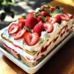 - Fresh strawberries - Heavy whipping cream - Powdered sugar - Vanilla extract - Graham crackers - Fresh mint leaves Choosing the best strawberries When picking strawberries, look for bright red color. The berries should feel firm and smell sweet. Avoid any berries with dark spots or mold. Fresh strawberries taste best in this cake. Substituting ingredients You can swap heavy cream with coconut cream for a dairy-free option. If you want less sugar, use a sugar substitute. For a different flavor, try adding almond extract instead of vanilla. This keeps the cake fresh and fun. To start, I bring together the whipped cream mixture. In a large bowl, I add the heavy whipping cream, powdered sugar, and vanilla extract. I use an electric mixer to beat the mix until stiff peaks form. This takes about 3-5 minutes. Next, I layer the graham crackers. I place these at the bottom of my baking dish. The crackers create a solid base for the cake. I make sure they fit snugly without gaps. Now comes the fun part—layering! I spoon a layer of the whipped cream over the graham crackers. I smooth it out with a spatula. Then, I scatter sliced strawberries on top of the cream. I repeat these steps until I reach the top of the dish. I aim for about 3-4 crackers in each layer, followed by cream and strawberries. I always finish with a layer of whipped cream. This makes the top look nice and fluffy. Chilling the cake is very important. It helps the graham crackers soften and soak up flavors. I cover the dish with plastic wrap and put it in the fridge. I let it chill for at least 4 hours or overnight for the best results. Timing is key here. The longer it chills, the better the taste and texture. Trust me, waiting is worth it! To make great whipped cream, start with cold ingredients. Cold cream whips better and faster. Use an electric mixer for ease. Beat the cream on medium-high speed. Keep mixing until you see stiff peaks. This takes about 3-5 minutes. Stiff peaks mean the cream holds its shape. If you want a flavor boost, add a pinch of salt. A touch of lemon zest or almond extract works too. These will make your cream extra tasty. When it's time to serve, slice the cake into squares. Place each piece on a chilled plate. This makes the dish look fancy. You can add a few extra strawberries on top for color. A sprig of fresh mint adds a nice touch too. For drinks, serve it with sweet tea or sparkling water. This helps balance the cake’s sweetness. You can also pair it with a light white wine for adults. Enjoy the flavors and make every bite special! {{image_2}} You can easily change the taste of your Strawberries and Cream No-Bake Icebox Cake. Adding chocolate or caramel gives it a rich twist. Just drizzle melted chocolate or caramel sauce between layers. You can also mix it into the whipped cream for extra flavor. Substituting other fruits is another fun option. Try blueberries, raspberries, or peaches. Each fruit brings its own sweetness and charm to the cake. If you need gluten-free options, use gluten-free graham crackers. They work just like regular ones and taste great. For vegan alternatives, swap heavy cream for coconut cream. Use powdered sugar and vanilla extract as usual. This makes a creamy, plant-based version that everyone can enjoy. Scaling the recipe up or down is easy. For a smaller group, cut the ingredients in half. If you have a crowd, simply double everything. Portion control is key to enjoying dessert without overdoing it. Slice the cake into small squares to keep servings manageable. This way, everyone gets a taste without feeling too full. For the full recipe, check out the detailed instructions above. To store your leftover strawberries and cream no-bake icebox cake, follow these steps: - Refrigeration: Cover the dish tightly with plastic wrap. This keeps the cake fresh and prevents it from drying out. Store it in the fridge. - Freezing options: If you want to keep it longer, you can freeze slices. Wrap each slice in plastic wrap, then place them in a freezer-safe bag. This keeps the flavor intact. How long does the icebox cake last? In the fridge, it stays fresh for about 3-5 days. After that, the texture may change. Signs of spoilage include: - An off smell - Excess liquid forming around the cake - Mold or discoloration on the strawberries If you see any of these signs, it’s best to toss the cake. For the best taste, enjoy it while it’s fresh! To make this cake, start by mixing heavy whipping cream, powdered sugar, and vanilla extract in a bowl. Use an electric mixer to whip until it forms stiff peaks. Next, layer graham crackers in a baking dish. Spread a layer of the whipped cream mixture over the crackers, then add sliced strawberries. Repeat these layers until you fill the dish, finishing with whipped cream. Cover it with plastic wrap and chill in the fridge for at least four hours. This chilling time helps the flavors mix and the cake to set. You can find the full recipe above. Yes, you can use frozen strawberries! Just be aware that they might be softer when thawed. This can change the texture of your cake. To use them, let the strawberries thaw in the fridge. Pat them dry with a paper towel to remove excess moisture. This helps keep your cake from becoming too soggy. Fresh strawberries provide a firmer texture, but frozen can still taste great! If you want a lighter option, you can use coconut cream or Greek yogurt. Both options will change the flavor slightly. Coconut cream adds a tropical touch, while Greek yogurt gives a creamy, tangy taste. You can also try half-and-half for a less rich option. Keep in mind that these alternatives may not achieve the same stiffness as heavy cream, but they will still work well in your icebox cake. The icebox cake needs at least four hours in the fridge to set properly. Chilling allows the graham crackers to absorb moisture from the cream and strawberries. This makes them soft and cake-like, which is what you want. For the best results, let it chill overnight. This extra time enhances the flavors and gives you a firmer cake. You now have a clear path to create a delicious no-bake icebox cake. Start with fresh strawberries and creamy layers, and remember the importance of chilling. Adding your favorite flavors or making swaps for dietary needs can make this treat unique. Store leftovers properly to enjoy later. I hope these tips and variations spark your creativity in the kitchen. Enjoy your tasty creation!